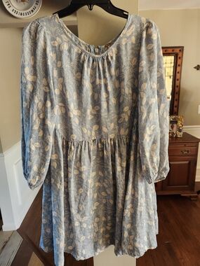 Free People Blue and Cream Floral Long Sleeve Dress Zips In The Back